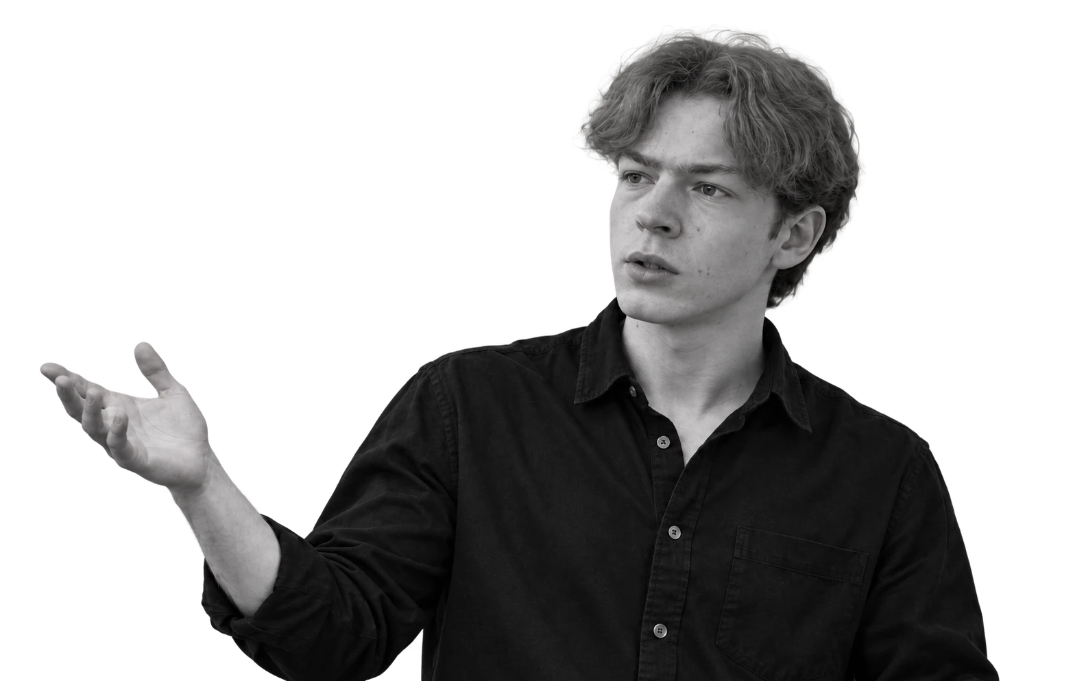 Vincent Krämer zeigt mit offener Hand auf den Satz auf der Leinwand.
